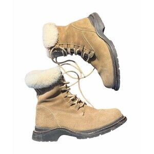 Vintage L.L. Bean Lace Up Shearling Fur Winter Suede Cuff Combat Ankle Boot 8